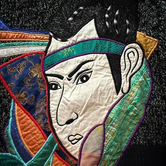 Nannell Vintage Asian-Inspired Metallic Knit Sweater Bold Applique Size S - Picture 2 of 6